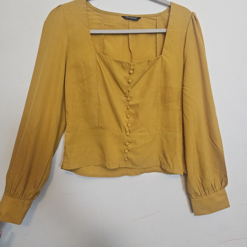 Harpa Womens Deep Square Neck Button Front Mustard Blouse Top Size‎ Large